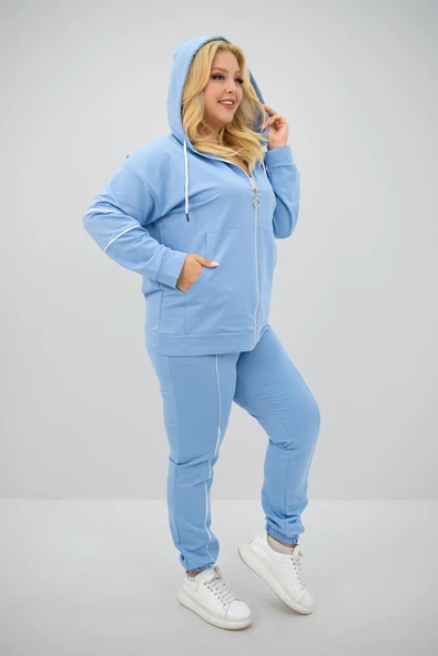 Kadın Büyük Beden Kapüşonlu Fermuar Detaylı Eşofman Takımı 8130-25 - 8