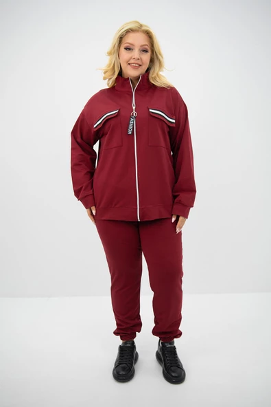 Kadın Büyük Beden Dik Yaka Fermuarlı Eşofman Takımı 8133-25 - 7