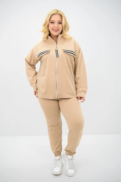 Kadın Büyük Beden Dik Yaka Fermuarlı Eşofman Takımı 8133-25 - 12