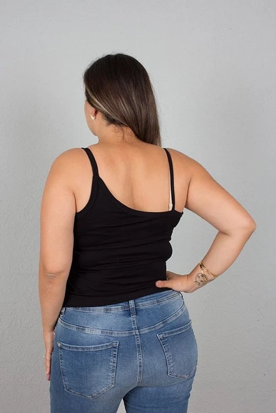 Büyük Beden Kadın Giyim Asimetrik Askılı Viskon Siyah Body - 8