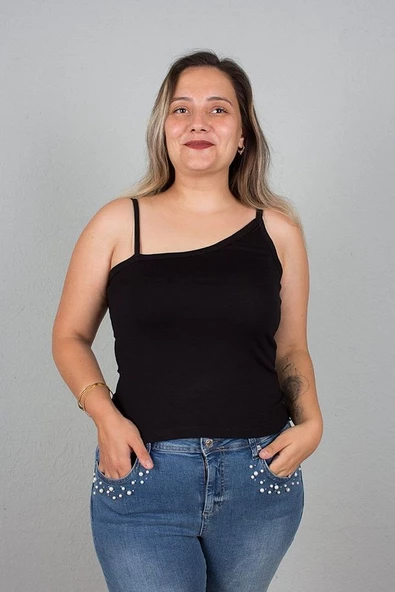 Büyük Beden Kadın Giyim Asimetrik Askılı Viskon Siyah Body - 5