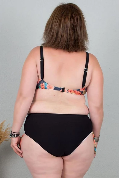 Büyük Beden Yüksek Bel Ayarlanabilir Yanlar Bikini Desenli Siyah Bk015 - 3