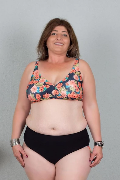 Büyük Beden Yüksek Bel Ayarlanabilir Yanlar Bikini Desenli Siyah Bk015 - 4