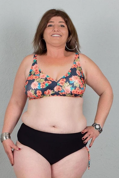 Büyük Beden Yüksek Bel Ayarlanabilir Yanlar Bikini Desenli Siyah Bk015 - 2