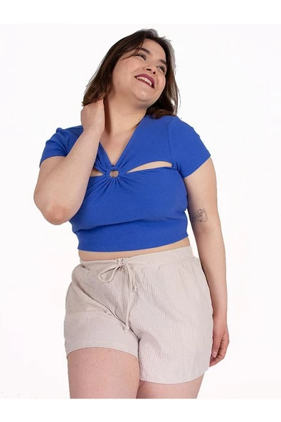 Büyük Beden Kadın Giyim Crop Fitilli Penye Bluz Renkli Bz986