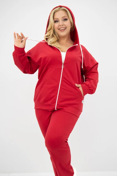 Kadın Büyük Beden Kapüşonlu Cep Detaylı Eşofman Takımı 8139-25 - 8