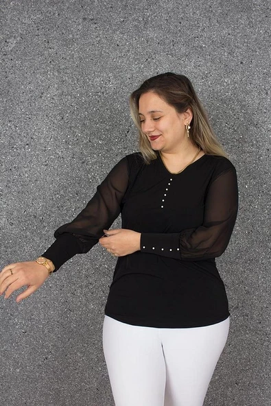 Büyük Beden Incili Kol Tül Bluz Siyah B079