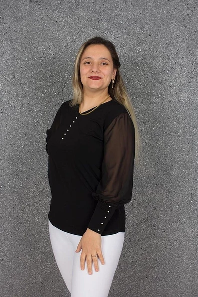 Büyük Beden Incili Kol Tül Bluz Siyah B079 - 4
