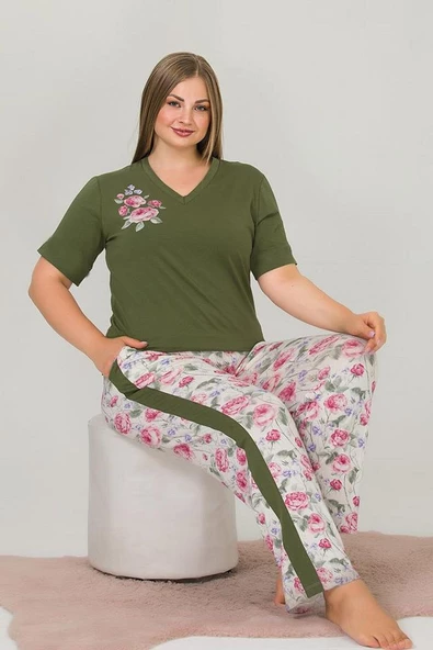 Büyük Beden Yan Şerit Detay Pijama Takım Yeşil P10898 - 2