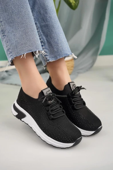 Kadın Bağcıklı Taşlı Triko Rahat Kadın Sneaker