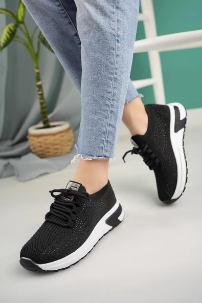 Kadın Bağcıklı Taşlı Triko Rahat Kadın Sneaker - 3