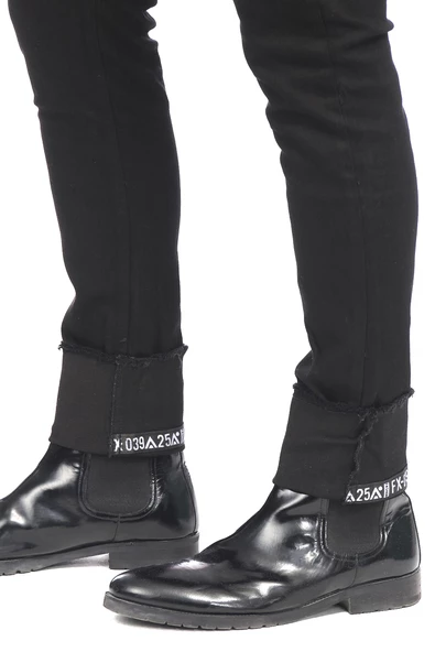 Erkek Slim Fit Katlama Paçası Yazılı Yırtık Detaylı Düz Renk Jean Kot Pantolon - 4