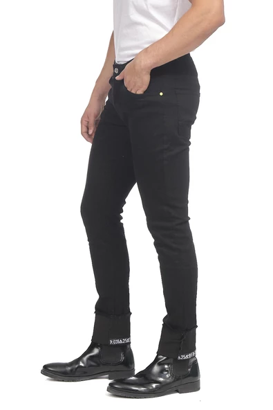 Erkek Slim Fit Katlama Paçası Yazılı Yırtık Detaylı Düz Renk Jean Kot Pantolon - 3