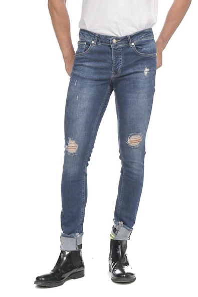 Erkek Slim Fit Katlama Paçası Yazılı Yırtık Detaylı Düz Renk Jean Kot Pantolon - 12