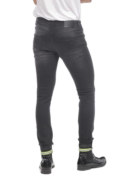 Erkek Slim Fit Katlama Paçası Yazılı Yırtık Detaylı Düz Renk Jean Kot Pantolon - 8