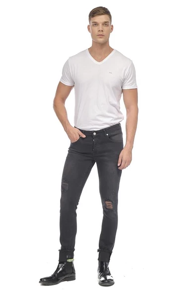 Erkek Slim Fit Katlama Paçası Yazılı Yırtık Detaylı Düz Renk Jean Kot Pantolon - 10