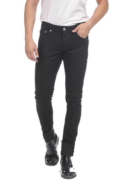 Erkek Slim Fit Katlama Paçası Yazılı Yırtık Detaylı Düz Renk Jean Kot Pantolon