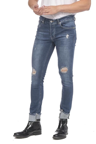 Erkek Slim Fit Katlama Paçası Yazılı Yırtık Detaylı Düz Renk Jean Kot Pantolon - 11