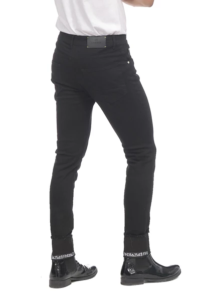 Erkek Slim Fit Katlama Paçası Yazılı Yırtık Detaylı Düz Renk Jean Kot Pantolon - 5