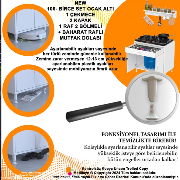 Modilayn BİRCE XL-70 x 87 x 48 cm Tüp Bölmeli Set Ocak Altı Dolap ve Baharat Rafı - 6