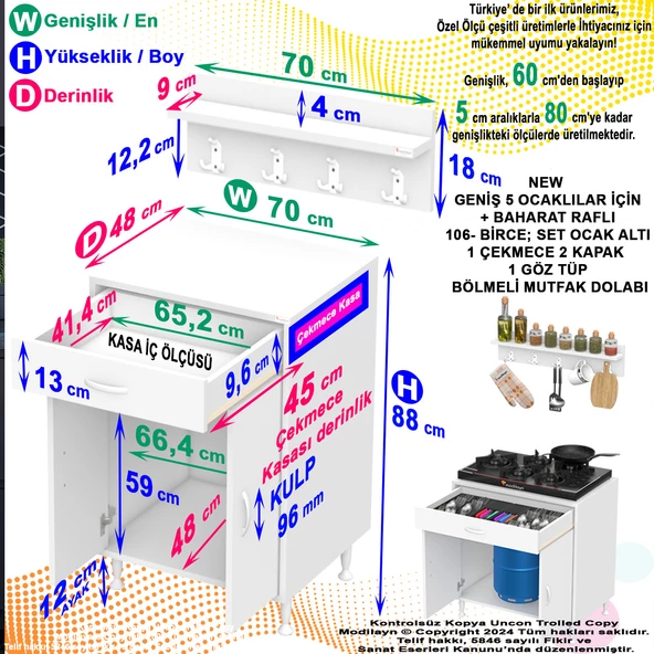 Modilayn BİRCE XL-70 x 87 x 48 cm Tüp Bölmeli Set Ocak Altı Dolap ve Baharat Rafı - 5