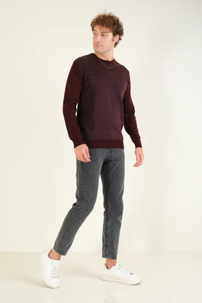 Erkek Desenli Sıfır Yaka Kazak Bordo - 5