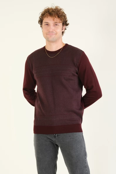 Erkek Desenli Sıfır Yaka Kazak Bordo - 3