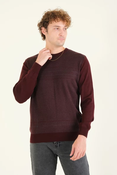 Erkek Desenli Sıfır Yaka Kazak Bordo - 4