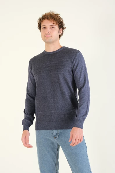 Erkek Desenli Sıfır Yaka Kazak İndigo - Resim 2