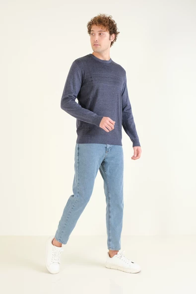 Erkek Desenli Sıfır Yaka Kazak İndigo - Resim 5