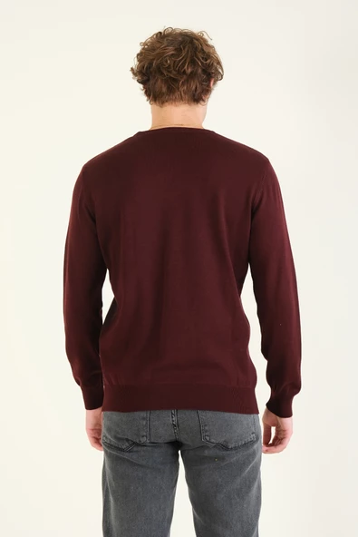 Erkek Desenli Sıfır Yaka Kazak Bordo - 6