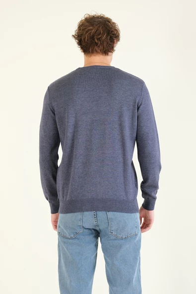 Erkek Desenli Sıfır Yaka Kazak İndigo - Resim 6