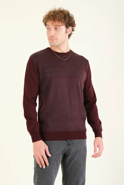 Erkek Desenli Sıfır Yaka Kazak Bordo