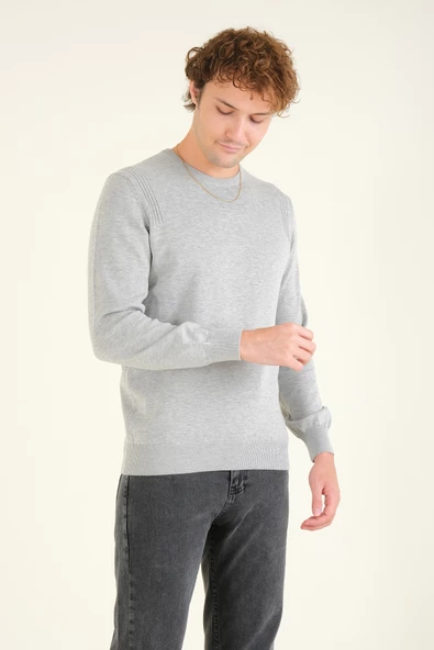 Erkek Biyeli Sıfır Yaka Kazak Gri