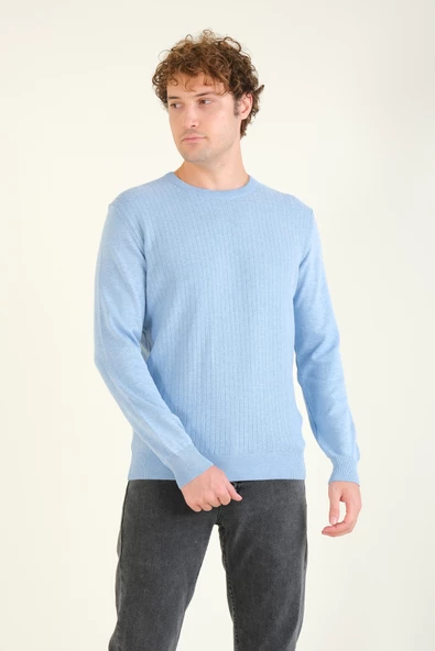 Erkek Desenli Sıfır Yaka Kazak Mavi - 3