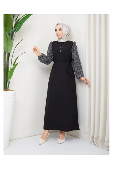 Yuvarlak Desenli Şifon Kollu Tuğba Model Elbise - Siyah - 7