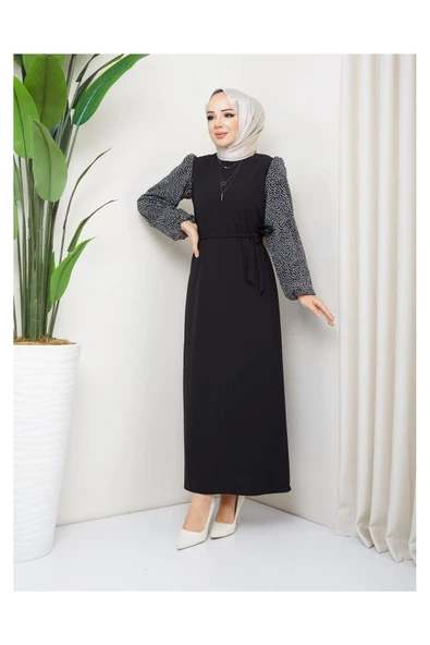 Yuvarlak Desenli Şifon Kollu Tuğba Model Elbise - Siyah - 5