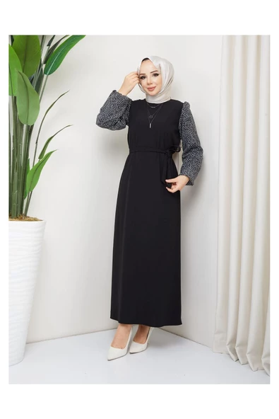 Yuvarlak Desenli Şifon Kollu Tuğba Model Elbise - Siyah - 6