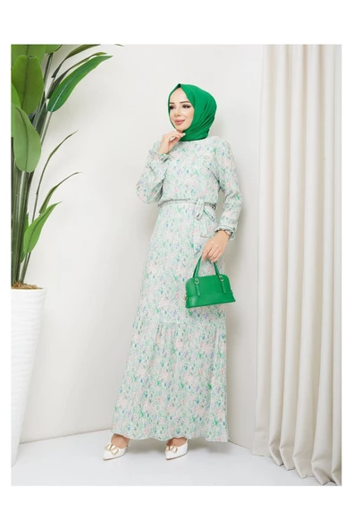 Piliseli Viscon Kumaş Çiçek Desenli Elbise- Yeşil - 8