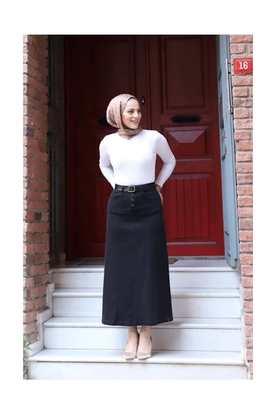 Doğal Kumaşlı Kemerli Kot Etek- Siyah - 2