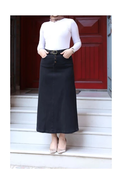 Doğal Kumaşlı Kemerli Kot Etek- Siyah - 3