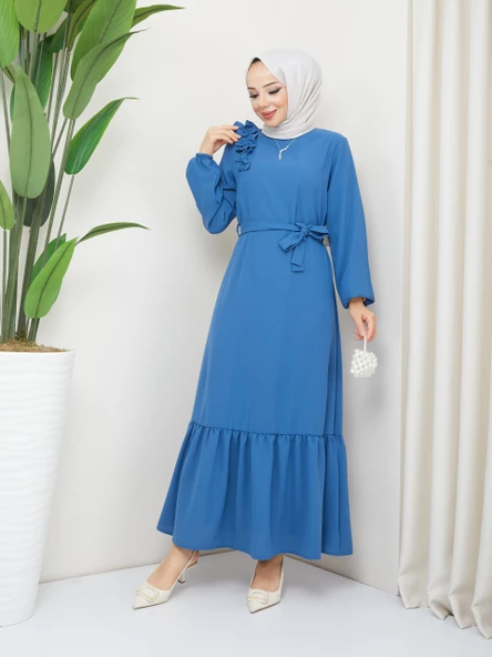 Krep Kumaş Omuz Fırfırlı Elbise - 10