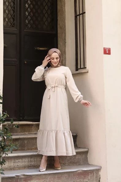 Krep Kumaş Omuz Fırfırlı Elbise - 2