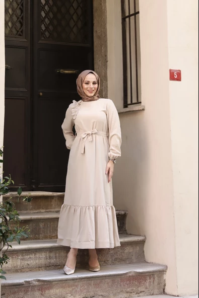 Krep Kumaş Omuz Fırfırlı Elbise - 3