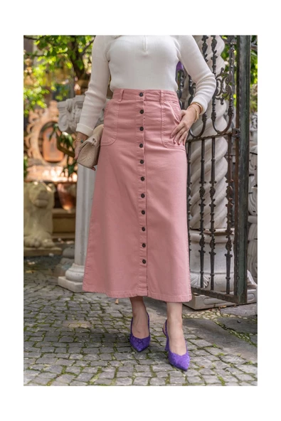 Boydan Düğmeli Gabardin Etek - 2