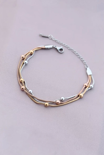 316L Kararmaz Çelik Gümüş Renk Top Zincirli Kadın Bileklik ürün görseli 1