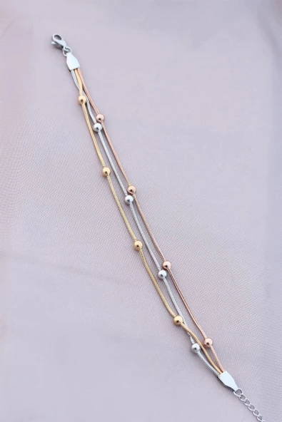 316L Kararmaz Çelik Gümüş Renk Top Zincirli Kadın Bileklik - Resim 2