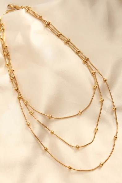 Çelik Altın Renkli Topçuk Tasarımlı Çoklu Kolye - Resim 2