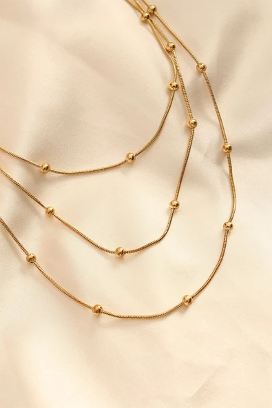 Çelik Altın Renkli Topçuk Tasarımlı Çoklu Kolye ürün görseli 1