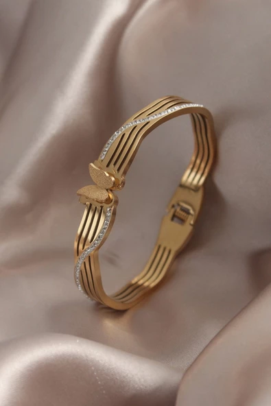 316L Çelik Gold Renk Zirkon Taşlı Kelebek Model Kadın Kelepçe ürün görseli 1